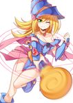  ;) bare_shoulders blonde_hair blue_footwear boots closed_mouth dark_magician_girl duel_monster green_eyes hat highres one_eye_closed smile solo transistor wand witch_hat yuu-gi-ou yuu-gi-ou_duel_monsters 