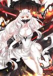  absurdres breasts cleavage covered_mouth dress escort_fortress_(kantai_collection) fm highres horns kantai_collection large_breasts long_hair midway_hime pale_skin red_eyes shinkaisei-kan silver_hair veins very_long_hair white_dress 