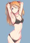  armpits arms_up bikini black_bra black_panties blue_background blue_eyes bra breasts brown_hair hair_ornament long_hair looking_at_viewer medium_breasts navel neon_genesis_evangelion one_eye_closed panties saisarisu simple_background solo souryuu_asuka_langley swimsuit two_side_up underwear underwear_only 