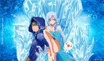  1girl bare_shoulders cosplay dress elsa_(frozen) elsa_(frozen)_(cosplay) fairy_tail frozen_(disney) gray_fullbuster hood hoodie jack_frost_(rise_of_the_guardians) jack_frost_(rise_of_the_guardians)_(cosplay) juvia_lockser long_hair plue rise_of_the_guardians 