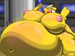  2013 anthro areola belly big_belly big_breasts breasts brown_fur eating factory female fur fuzzychicken hair morbidly_obese navel nintendo nipples nude overweight pikachu pok&eacute;mon pokepuff video_games white_hair yellow_fur 