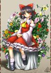  ascot bare_shoulders black_hair bow detached_sleeves dress flower hair_bow hair_tubes hakurei_reimu long_sleeves looking_at_viewer red_dress ribbon-trimmed_sleeves ribbon_trim signature sitting smile solo touhou umigarasu_(kitsune1963) v_arms wide_sleeves yellow_eyes 