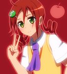  ahoge andou_ringo anime_coloring apple bad_id bad_pixiv_id character_hair_ornament dress drill_hair food fruit green_eyes hair_ornament hairclip mikomiko_(mikomikosu) neckerchief object_namesake puyo_(puyopuyo) puyopuyo puyopuyo_7 red_background school_uniform shirt short_sleeves simple_background smile solo sweater_vest twin_drills twintails upper_body v white_shirt 