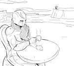  2015 alien chair charging coffee dacad dragon_ball dragon_ball_z duo energy frieza humanoid humor looking_away monochrome scarf sitting sketch solo_focus table water 