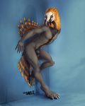  2015 against_wall anthro avian balls beak bearded_vulture bird black_fur body_hair canine claws digitigrade feathers fully_sheathed fur happy_trail hybrid leaning leaning_back looking_at_viewer male mammal muriat nude orange_feathers pinup pose sayuncle seductive sheath smile solo tail_feathers vulture wolf yellow_sclera 