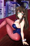  animal_ears breasts brown_hair bunny_ears bunny_tail bunnysuit cityscape cleavage crossed_legs detached_collar green_eyes idolmaster idolmaster_cinderella_girls kizaki_yuuri large_breasts long_hair looking_at_viewer pantyhose shibuya_rin sitting solo tail wrist_cuffs 