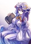  book bow colorized crescent downscaled dress fal_maro gradient gradient_background hair_bow hair_ornament hat hat_bow highres long_hair long_sleeves looking_at_viewer looking_up md5_mismatch mob_cap patchouli_knowledge purple_eyes purple_hair resized simple_background sitting sketch solo striped striped_dress touhou vest wide_sleeves 