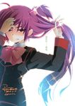  bow brown_eyes futaki_kanata hair_ornament little_busters! long_hair pink_bow purple_hair remotaro school_uniform side_ponytail spoilers translation_request 