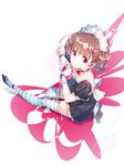  brown_hair child dress gloves heart heart_hands legs life_alive! maid maid_headdress red_eyes short_hair short_twintails sitting smile solo striped striped_legwear twintails yuugen 