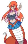  bad_id bad_tumblr_id belt bigdead93 breasts cleavage fang hair_ornament hairclip hand_on_hip highres lamia long_hair medium_breasts midriff miia_(monster_musume) monster_girl monster_musume_no_iru_nichijou navel orange_hair pointy_ears scales signature simple_background skirt slit_pupils solo very_long_hair vest waving white_background yellow_eyes 