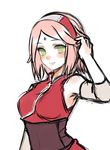  1girl arm_up arm_warmers armpits bangs blush breasts bust elbow_sleeve facial_mark forehead_mark green_eyes hand_up haruno_sakura headband headdress liechi light_smile looking_at_viewer naruto naruto:_the_last pink_hair red_shirt sash shirt short_hair simple_background sleeveless sleeveless_shirt smile solo upper_body white_background 