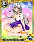  blue_bow bow bra braid breasts card_(medium) chess_piece cleavage collarbone grayfia_lucifuge grey_hair hair_bow high_school_dxd large_breasts long_hair looking_at_viewer maid_headdress non-web_source official_art panties queen_(chess) sitting solo torn_clothes trading_card underwear 