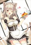  ;d ahoge animal_ears bare_shoulders blonde_hair blush breasts cat_ears cat_tail cleavage fangs food glass heart heart-shaped_pupils large_breasts long_hair looking_at_viewer maid maid_headdress md5_mismatch one_eye_closed open_mouth original purple_eyes smile solo spoon symbol-shaped_pupils tail thighhighs white_legwear yuui_hutabakirage 