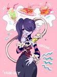  blue_skin blush burger detached_collar detached_sleeves dress ekubo_(ciaobero) food hair_over_one_eye hamburger hungry ice_cream leviathan_(skullgirls) red_eyes side_ponytail skull skullgirls squigly_(skullgirls) stitched_mouth zombie 