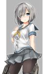  blue_eyes breasts hair_ornament hair_over_one_eye hairclip hamakaze_(kantai_collection) harino646 kantai_collection large_breasts miniskirt panties panties_under_pantyhose pantyhose school_uniform serafuku short_sleeves silver_hair skirt solo standing thigh_strap underwear 