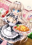  :d black_legwear blonde_hair blue_eyes breasts brown_hair cat_hair_ornament cleavage curtains dress dutch_angle food hair_intakes hair_ornament hairclip highres indoors kamiya_tomoe ketchup large_breasts long_hair maid maid_headdress moe2015 omurice open_mouth original plate poster_(object) smile solo squeeze_bottle thighhighs very_long_hair window zettai_ryouiki 