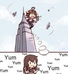  ahoge aircraft airplane akagi_(kantai_collection) black_legwear black_skirt blush_stickers brown_hair building character_name chibi closed_mouth cloud cloudy_sky commentary day directional_arrow double_bun eating empire_state_building giantess hairband highres japanese_clothes kantai_collection king_kong kongou_(kantai_collection) langbazi long_hair multiple_girls muneate namesake nontraditional_miko open_mouth parody pleated_skirt pun short_sleeves skirt sky solid_oval_eyes thighhighs tower translated 