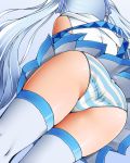  1girl ass bare_shoulders blue_hair commentary cover dr_rex facing_away fake_cover hair_ornament hatsune_miku long_hair panties pleated_skirt shirt skirt sleeveless sleeveless_shirt solo striped striped_panties thighhighs translation_request twintails underwear very_long_hair vocaloid white_legwear white_shirt white_skirt yuki_miku 