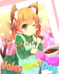  akatsuki_no_guuru animal_ears apron bow braid cat_ears cat_tail chocolate extra_ears heart heart-shaped_pupils highres kaenbyou_rin multiple_tails one_eye_closed pointy_ears red_eyes red_hair ribbon short_hair solo symbol-shaped_pupils tail touhou twin_braids valentine wooden_spoon 