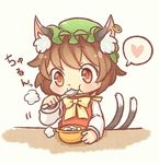  :3 animal_ears bow bowl brown_hair cat_ears cat_tail chen commentary_request dress earrings eating green_hat hat heart ibaraki_natou jewelry long_sleeves mob_cap multiple_tails nekomata puffy_cheeks red_dress red_eyes short_hair simple_background single_earring solo spoon spoon_in_mouth tail touhou two_tails white_background yellow_bow 
