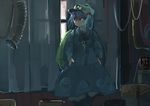  backpack bag blue_eyes blue_hair curtains hat ichiba_youichi indoors kawashiro_nitori long_sleeves looking_out_window shirt skirt solo touhou two_side_up window workshop 