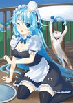  apron bad_id bad_pixiv_id bell bell_collar black_dress black_legwear blue_eyes blue_hair blue_sky breasts cat cleavage collar day dress hair_ribbon highres kuro_oolong long_hair maid maid_apron medium_breasts moe2015 open_mouth original over-kneehighs puffy_short_sleeves puffy_sleeves ribbon sexually_suggestive shirt short_sleeves sitting sky solo spilling suggestive_fluid thighhighs tray tress_ribbon very_long_hair waist_apron zettai_ryouiki 