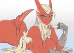  ahoge ass beak blaziken blue_eyes breasts eyeshadow furry gen_3_pokemon horns huge_ass huge_breasts inverted_nipples live_for_the_funk looking_at_viewer lying makeup nipples on_stomach pokemon pokemon_(creature) red_skin silver_hair solo tail yellow_sclera 