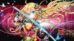  blonde_hair blue_eyes breasts bug butterfly digital_rain elbow_gloves flower gloves hair_flower hair_ornament highres insect lily_(vocaloid) long_hair looking_at_viewer medium_breasts sakura_moyon solo sword vocaloid weapon 