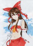  absurdres ascot bare_shoulders blue_sky bow breasts brown_hair cloud cloudy_sky collarbone detached_sleeves hair_bow hair_tubes hakurei_reimu heart heart_hands highres long_hair looking_at_viewer medium_breasts midriff navel nipple_slip nipples outdoors red_eyes red_skirt ribbon-trimmed_sleeves ribbon_trim side_slit skirt sky solo torn_clothes torn_skirt touhou traditional_media underboob upper_body wys_1981 
