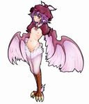  adapted_costume animal_ears bird_ears breasts brooch claws collared_shirt feathered_wings feathers full_body harpy hat jewelry looking_at_viewer monster_girl mystia_lorelei navel nipples partially_undressed puffy_sleeves purple_hair ribs shimuro_(mentsukidou) shirt short_hair short_sleeves small_breasts smile solo touhou white_background wings yellow_eyes 
