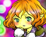  blurry blush chibi commentary depth_of_field green_eyes hand_up looking_at_viewer matsushiro_sasaka mizuhashi_parsee orange_hair pointy_ears solo spell tearing_up touhou wavy_hair 