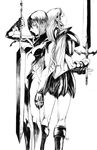  armor back-to-back boots clare_(claymore) claymore claymore_(sword) gloves greyscale highres kawashiro_kei long_hair monochrome multiple_girls short_hair sword teresa_(claymore) weapon 