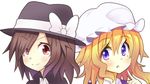  aki_chimaki blonde_hair blue_eyes bow brown_eyes brown_hair hair_over_one_eye hat maribel_hearn multiple_girls open_mouth pointing ribbon short_hair smile touhou usami_renko 