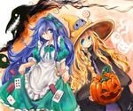  ;) apron ascot braid candy cape card curly_hair cyl dot_heit dress food green_dress hair_ornament hair_ribbon hairband halloween hat jack-o'-lantern lollipop long_hair looking_at_another multiple_girls one_eye_closed original playing_card pocket_watch pumpkin ribbon roderick_bodkin signature silhouette smile st-ko steam_(platform) tappet very_long_hair watch witch_hat 