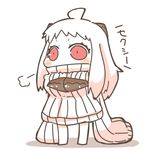  ahoge blush_stickers breast_padding cosplay enemy_aircraft_(kantai_collection) horns inishie kantai_collection meme_attire northern_ocean_hime open-chest_sweater oversized_clothes red_eyes seaport_hime seaport_hime_(cosplay) shinkaisei-kan sleeves_past_wrists solo sweater translated white_hair 