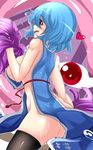  alternate_costume areola_slip areolae ass bad_id bad_pixiv_id black_legwear blue_hair blush breasts cheerleader commentary_request heart highres hitotsuki_nebura large_breasts long_hair naked_tabard open_mouth pom_poms red_eyes short_hair sideboob solo sweat tabard tatara_kogasa thighhighs touhou 