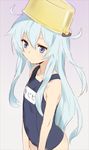  blue_eyes blue_hair closed_mouth hibiki_(kantai_collection) kantai_collection kawata_hisashi long_hair name_tag one-piece_swimsuit pot pot_on_head school_swimsuit simple_background solo swimsuit 