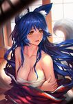  ahri animal_ears artist_name bandages bare_shoulders blue_hair blurry blush breast_hold breasts brown_eyes budget_sarashi cleavage covered_nipples depth_of_field facial_mark fox_ears fox_tail korean_clothes league_of_legends lips long_hair medium_breasts multiple_tails nudtawut_thongmai sarashi slit_pupils smile solo sweat tail 