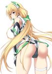  angela_balzac ass bad_id bad_pixiv_id bare_shoulders blonde_hair blue_eyes blush breasts cowboy_shot from_behind hair_ornament headgear leaning_forward leotard long_hair looking_at_viewer looking_to_the_side low_twintails medium_breasts rakuen_tsuihou shiseki_hirame simple_background solo thigh_strap twintails very_long_hair white_background 