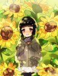  1girl fur_trim hyuuga_hinata lavender_eyes liechi looking_at_viewer naruto short_hair smile solo sunflower 