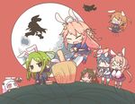  :&lt; :3 aircraft airplane animal_ears ashigara_(kantai_collection) blush_stickers bunny_ears chibi crescent crescent_hair_ornament fang green_eyes green_hair hair_ornament horns inishie kantai_collection makigumo_(kantai_collection) mochizuki_(kantai_collection) monster moon multiple_girls nagatsuki_(kantai_collection) northern_ocean_hime open_mouth pale_skin pink_hair red_eyes rensouhou-chan shimakaze_(kantai_collection) shinkaisei-kan sleeves_past_wrists thighhighs turret ushio_(kantai_collection) uzuki_(kantai_collection) white_hair wolf_ears wolf_paws 