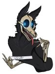 2019 alpha_channel anthro black_fur blue_eyes bone breasts canine digital_media_(artwork) english_text female fur hi_res keadonger looking_at_viewer mammal monster nude open_mouth paper scp-1471 scp_foundation simple_background skull small_breasts solo teeth text tongue tongue_out transparent_background 