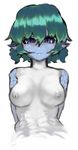  blue_eyes blue_hair breasts curly_hair expressionless head_fins large_breasts looking_at_viewer mermaid monster_girl nipples scales short_hair solo touhou wakasagihime white_background white_skin yata_(toribako) 