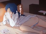  ass blue_hair blush borrowed_garments bra brown_eyes clothes_sniffing dress_shirt eyebrows_visible_through_hair idolmaster idolmaster_(classic) indoors kisaragi_chihaya long_sleeves lying no_pants on_bed open_drawer oversized_clothes panties partially_undressed photo_(object) pillow shirt sleeves_past_wrists smelling solo translated underwear wannai_kuichi 