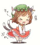  &gt;_&lt; :3 animal_ears bloomers bow brown_hair cat_ears cat_tail chen chibi closed_eyes commentary_request dress dress_tug earrings fang green_hat hat ibaraki_natou jewelry long_sleeves mob_cap multiple_tails nekomata open_mouth red_dress short_hair simple_background single_earring socks solo tail touhou two_tails underwear white_background white_legwear yellow_bow 