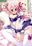  bed blue_eyes blush breasts choker cleavage full-face_blush hair_ribbon highres large_breasts long_hair looking_at_viewer maid maid_headdress moe2015 nagayama_yuunon open_mouth original pillow pink_hair ribbon ribbon_choker solo thighhighs white_legwear window wrist_cuffs 