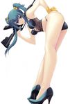  absurdres ass assault_rifle bare_legs bent_over black_panties bra breasts camisole cleavage cui_yifei green_hair gun hair_bobbles hair_ornament high_heels highres holding holding_gun holding_weapon leaning_forward legs lingerie looking_at_viewer medium_breasts miyata_sou muvluv muvluv_alternative muvluv_total_eclipse panties rifle simple_background smile solo standing t91_assault_rifle two_side_up underwear weapon white_background 