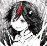  black_hair bow bowtie commentary eyelashes faux_traditional_media horns kijin_seija line_shading magic matsushiro_sasaka monochrome multicolored_hair red_eyes shirt smile solo spot_color touhou two-tone_hair upper_body 