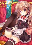  blush brown_eyes brown_hair cat_hair_ornament chestnut_mouth frills garters hair_ornament hairclip long_hair maid moe2015 original pillow sitting solo suzune_rena thighhighs twintails very_long_hair window 