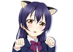  1girl animal_ears blue_hair blush brown_eyes cat_ears long_hair looking_at_viewer love_live!_school_idol_project open_mouth paw_pose school_uniform solo sonoda_umi yoshino-9 